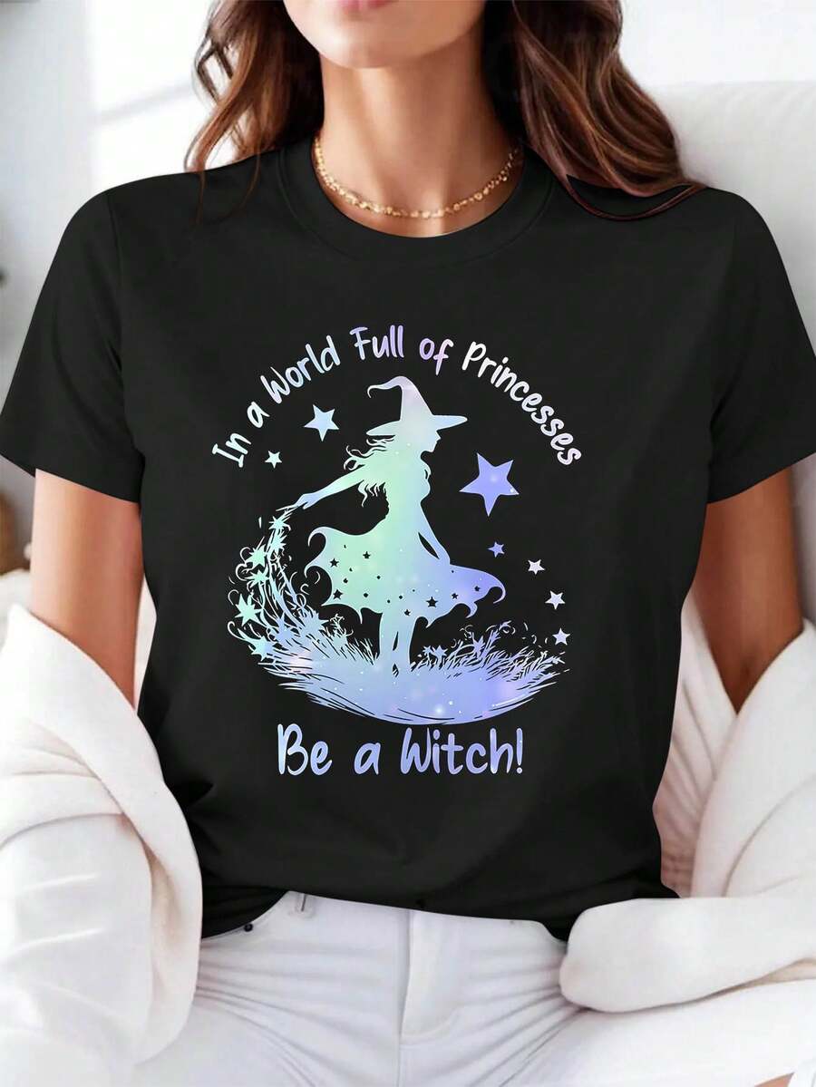 1 camiseta casual de manga corta y cuello redondo para mujer, con estampado de temática de brujas, ideal para primavera y verano, adecuada para salidas diarias y celebraciones de vacaciones, 180g 100% algodón. - Negro - Ver 1