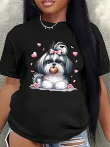 Camiseta ligera con un adorable estampado de perro Shih Tzu, es perfecta para salidas informales o para relajarse en casa. Tiene una construcción resistente y está adornada con corazones rosados y lazos decorativos. - Negro - Ver 1