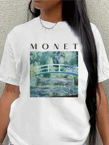 Camiseta de manga corta, ligera y duradera, estampada con la obra de arte del lirio de agua de , es perfecta para salidas informales en casa o en una cafetería, ofreciendo una experiencia de uso diario cómoda. - Blanco - Ver 7