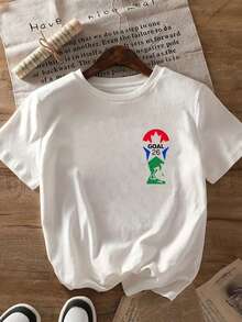 Camiseta de manga corta con estampado frontal y trasero, GOAL 26, top casual de moda para mujer con temática de fútbol, camiseta casual de manga corta con cuello redondo, adecuada para verano y primavera, ropa de mujer 100% algodón. - Blanco - Ver 3