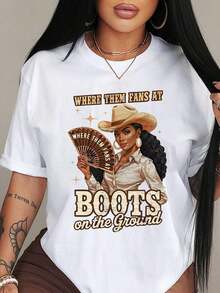 100% algodón puro, Camiseta de mujer, Camiseta gráfica de mujer - Arte de fan de estilo western con botas de vaquera, Camiseta casual de cuello redondo, Ideal para fiestas y regalos, adecuada para todas las estaciones, tops de mujer. - Blanco - Ver 6