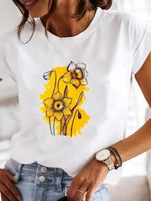 Camiseta Gráfica de Moda con Diseño de Flores y Acuarelas para Mujer, Ropa de Manga Corta, Camisetas Casuales Estampadas para Mujer - Blanco - Ver 1