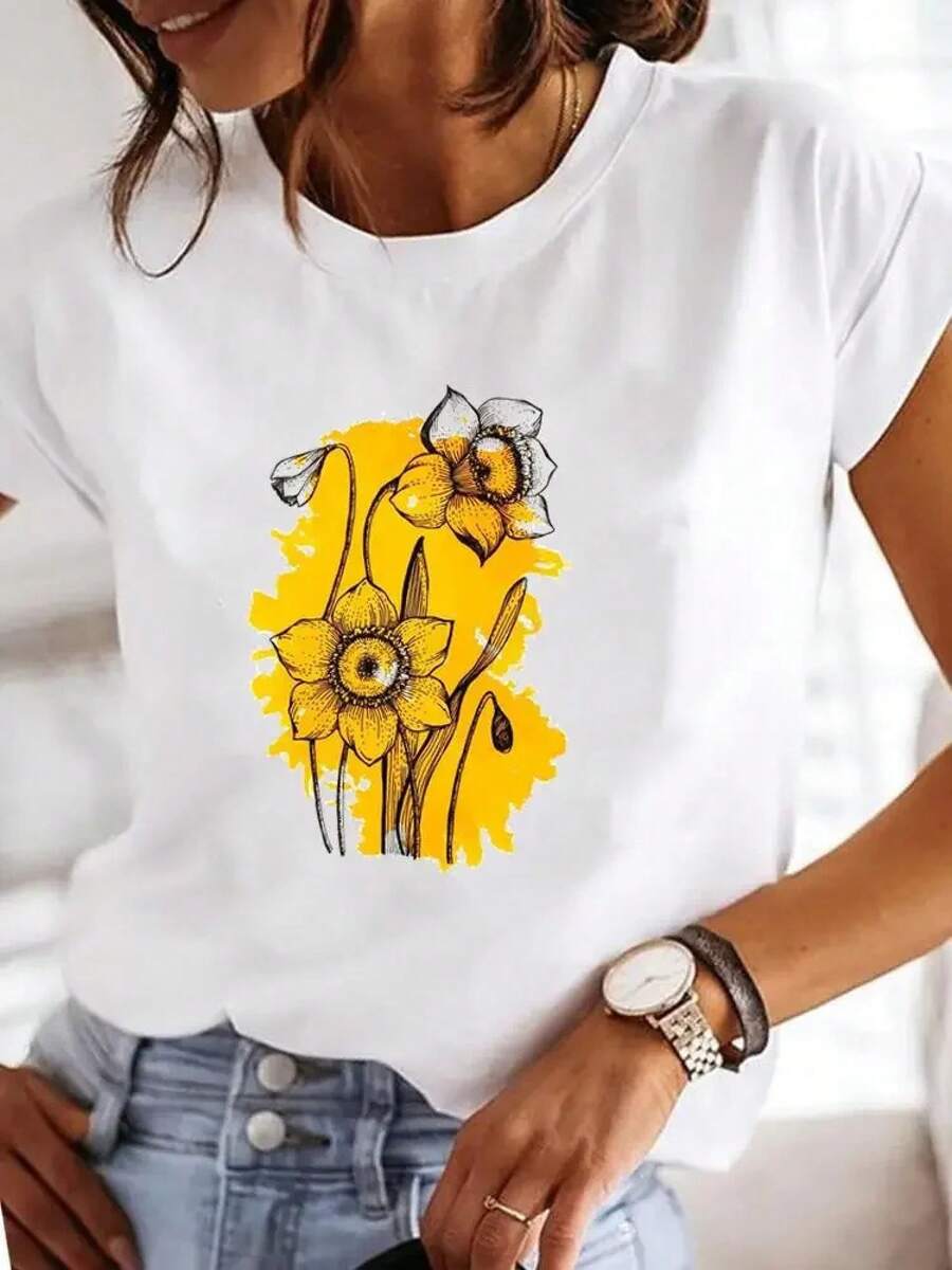 Camiseta Gráfica de Moda con Diseño de Flores y Acuarelas para Mujer, Ropa de Manga Corta, Camisetas Casuales Estampadas para Mujer - Blanco - Ver 1