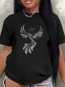 Camiseta de manga corta de poliéster, decorada con un patrón de fénix plateado, ligera y duradera, adecuada para uso casual en casa o en restaurantes, cómoda y ajustada para el uso diario.blusa casual mujer - Negro - Ver 7