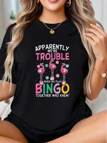 Al parecer, nos daban problemas cuando jugábamos al bingo juntos. ¿Quién hubiera imaginado? Camiseta gráfica con diseño de flamencos para mujer, atuendo divertido para fiestas, ropa casual, idea de regalo de cumpleaños - Estilo callejero vintage, unisex, holgada, de algodón, manga corta, cuello redondo, 100% algodón. - Negro - Ver 7