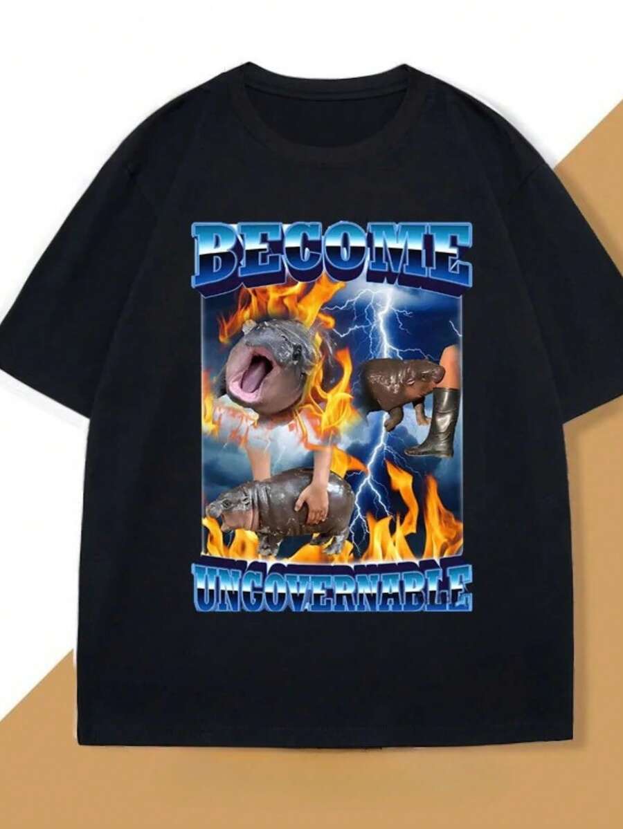 Una camiseta de manga corta para mujer, moderna, a la moda, retro y de corte holgado, adecuada para actividades al aire libre en primavera y verano;camiseta estampada para hombre, camiseta casual de manga corta, top divertido con estampado de hipopótamo, ropa de moda urbana de verano.blusas para mujer,blusas casuales para dama,tops,, mujer premium,y2k,playeras de mujer curvy,ofertas y liquidaciones ropa mujer,playeras deportivas para mujer,,playeras de hombre, mujer,blusas>elegante QXD7 - Negro - Ver 1