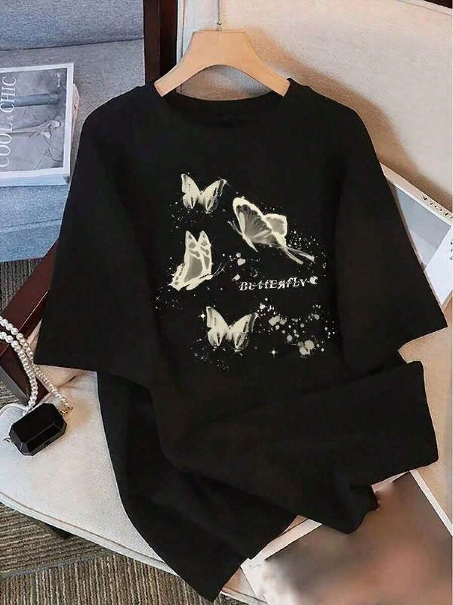 NewSummerCasualCamiseta de manga corta con estampado de mariposa elegante para mujer, top Y2K de cuello redondo holgado y versátil para la moda de verano, sudadera de estilo minimalista, ropa de hombre, camisetas para hombre, camisa de hombre, conjuntos de verano para hombre, ropa de verano para hombre, conjuntos de verano modestos, tops de jersey para mujer, estilo resort, ropa de verano para mujer, tops de algodón, tops de verano, ropa para niños pequeños, ropa para niñas pequeñas, camisetas para adolescentes, camisas para adolescentes, ropa para adolescentes, camisas para adolescentes, ropa para niñas, ropa para niñas pequeñas, ropa para niñas, tops para niñas, ropa de verano para niñas, ropa para niños pequeños, camisas para niños, ropa para niños, camisetas gráficas, ropa para niños. trajes de concierto. Camiseta unisex de algodón de manga corta y cuello redondo, estilo vintage urbano. - Negro - Ver 1