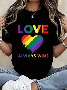 La Amor Siempre Gana - Camiseta con Estampado de Corazón Arcoíris para Atuendos Casuales y Deportivos - Estilo Urbano Vintage Unisex, Camiseta de Manga Corta de Algodón Suelto con Cuello Redondo, 100% Algodón - Negro - Ver 7