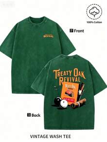 Men'S Bold "TREATY OAK REVIVAL" Print T-Shirt, Casual Round Neck Short Sleeve, 230g Washed Cotton, Summer High Quality Casual Sportswear, - 綠色 - 查看 3