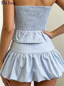 Da Jade 2pcs Women's Striped Print Button Crop Top And Ruffle Mini Skirt Set, Summer Vacation Outfit - Blue - View 5