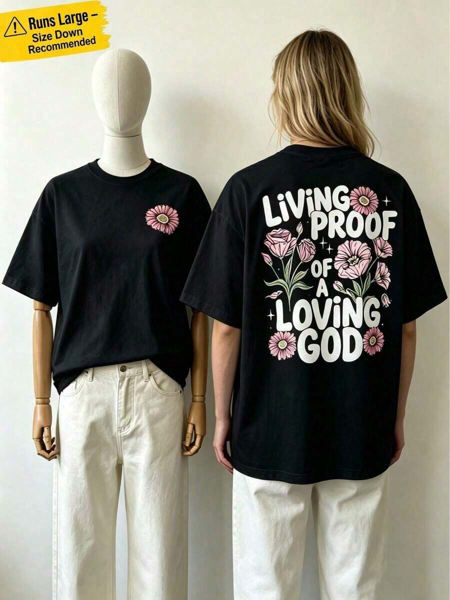 100% Cotton. 1 Piece. Suitable For Oversized Y2K Style Women. "Living Proof Of A Loving God" Religious Floral Graphic T-Shirt - Casual White Tee - 黑色 - 查看 1