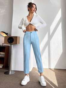 PETITE Pantalones de talle alto con costura detalle crop - Celeste - Ver 6