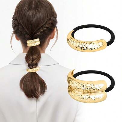 2pcs Women's Metal Hair Bands, Gold Tone Cuff, Metallic Geometric Gold Hair Bands, Elastic Hair Accessories That Won't Damage Ponytail Holders, Ponytail Cuff Hair Bands For Hairstyling