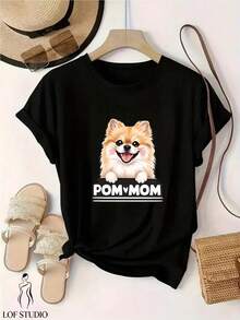 Women's T-Shirt, 1 Piece, Short-Sleeved T-Shirt With Round Neck And Fashionable Print For Women, T-Shirt With A Cute Pomeranian Mom Design, Casual And Comfortable, Suitable For Everyday Wear.| Modern Prints Combined With A Comfortable Round Neck| The Perfect Choice For Your Summer, Available In Multiple Colors. - 黑色 - 查看 1