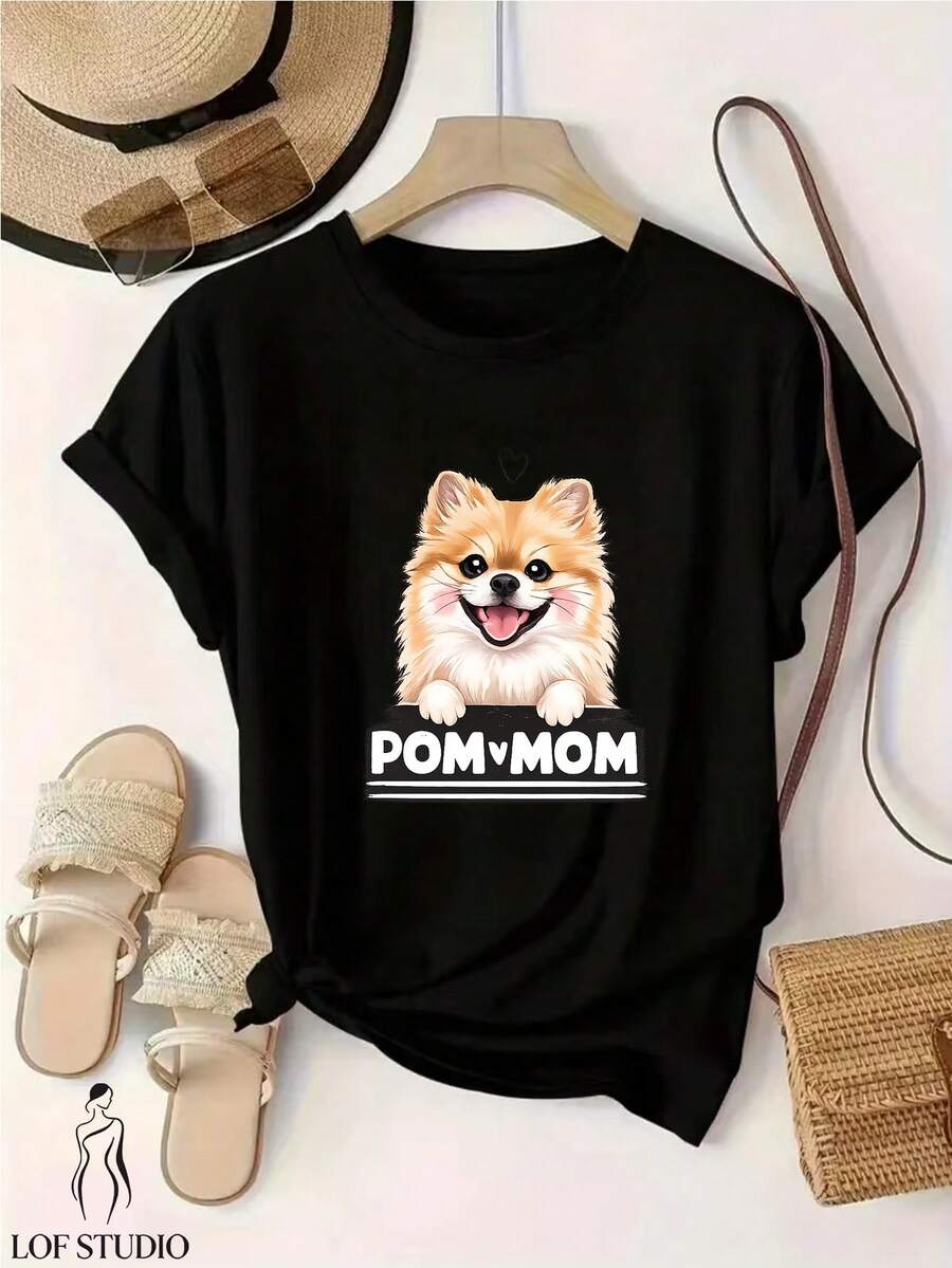 Women's T-Shirt, 1 Piece, Short-Sleeved T-Shirt With Round Neck And Fashionable Print For Women, T-Shirt With A Cute Pomeranian Mom Design, Casual And Comfortable, Suitable For Everyday Wear.| Modern Prints Combined With A Comfortable Round Neck| The Perfect Choice For Your Summer, Available In Multiple Colors. - 黑色 - 查看 1