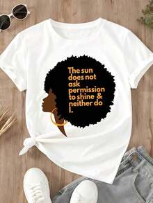 Camiseta de Mujer con Frase de Orgullo Afro: "El Sol No Pregunta por el Permiso para Brillar, y yo tampoco". Ropa Casual para Atuendos Diarios y Declaraciones de Confianza en Mí Misma. - Blanco - Ver 2