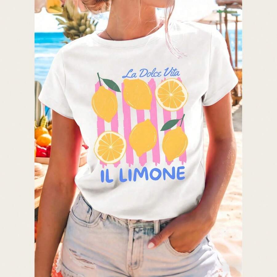 Women's T-Shirt With Italian Lemon Print - Italian Lemon Design Short Sleeve Blouse With Lace - 彩色 - 查看 1