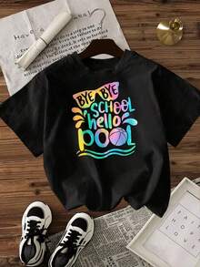 Camiseta de Mujer Casual con Cuello Redondo, Opciones en Blanco y Negro, Estampado Gráfico Colorido 'Bye Bye School Hello Pool', Camisetas de Verano para Playa, Tops de Verano, Camisetas Gráficas, Conjuntos de Verano, Camisetas Cortas para Mujer, Ropa Linda de Algodón Vintage para Mujer, Playera Holgada para Mujer - Negro - Ver 2