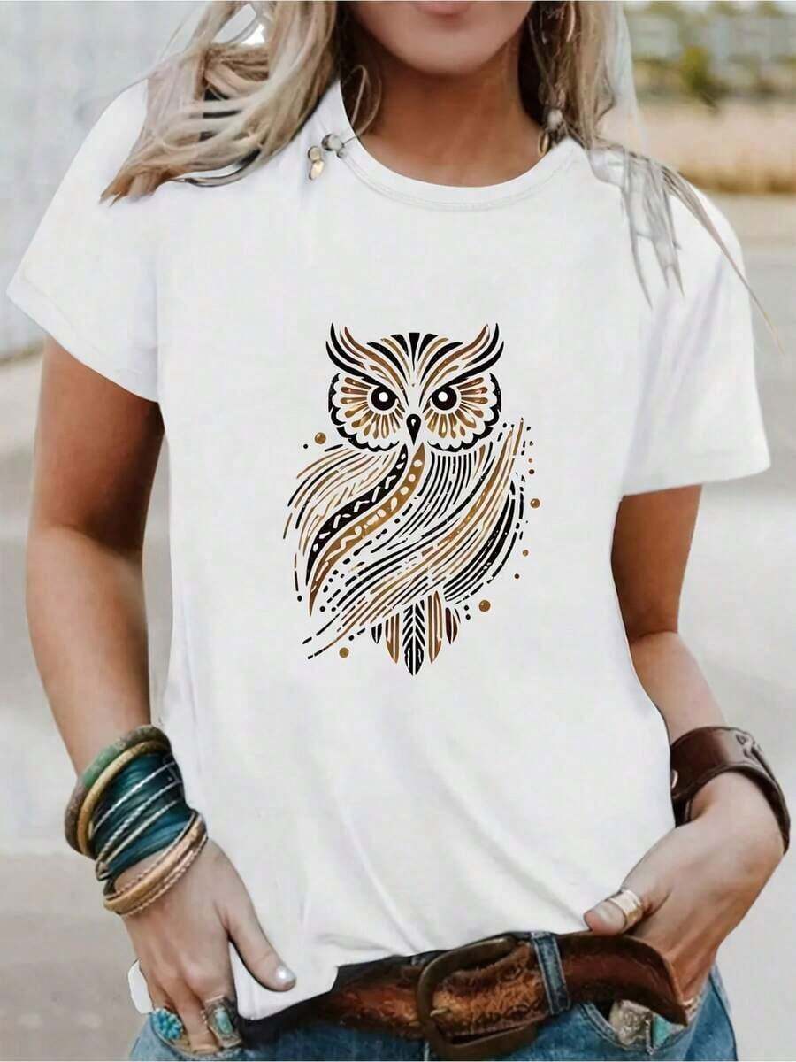 1 camiseta con estampado de búho dorado - 100% algodón con estampado de búho negro y dorado, fondo azul verdoso, camiseta casual de manga corta y cuello redondo, adecuada para Halloween, Navidad, Día de Acción de Gracias - Preencogida (tallas S-XXXL) 180g Algodón 100% - Blanco - Ver 1