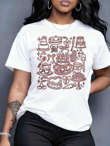Women's Cotton T-Shirts, Cake Lover Graphic Tee,  Casual Top For Women, Sweet Dessert Design, Pink Outline Print, Unisex Streetwear Style, 220g, For Leisure, Home, Outdoors, Valentine's Day Gift, Party, >Clothing - 白色 - 查看 4