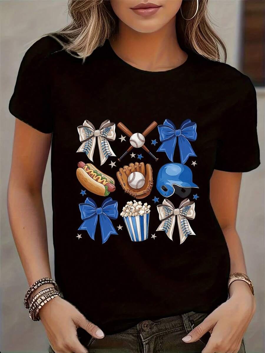 Women's T-Shirt, Casual T-Shirt For Women, Round Neck, Short Sleeve, "Baseball Mom" Print, Machine Washable, Casual Printed Clothing - 黑色 - 查看 1