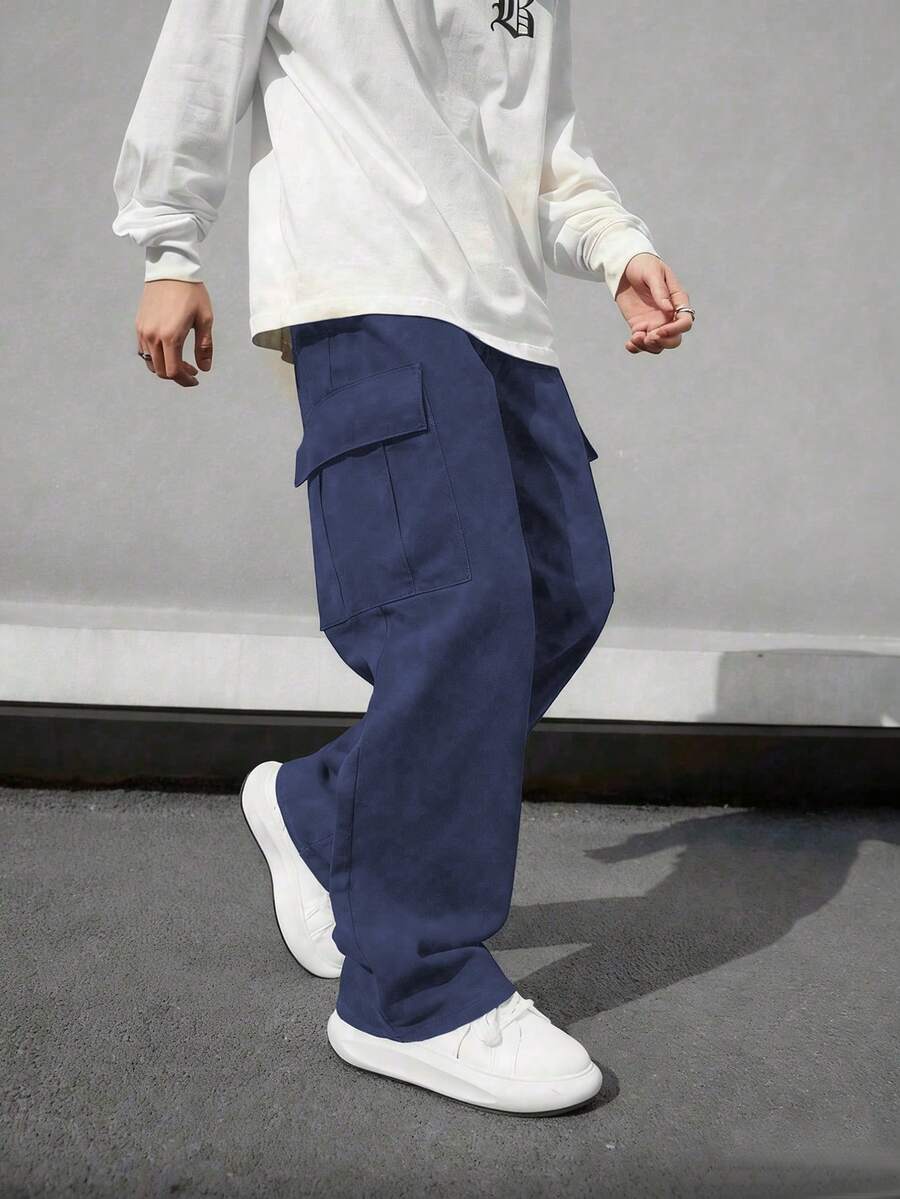 1件大童男孩舒適百搭極簡寬鬆直筒多口袋休閒長褲 春夏秋返校穿搭 - 藏蓝色 - 查看 1