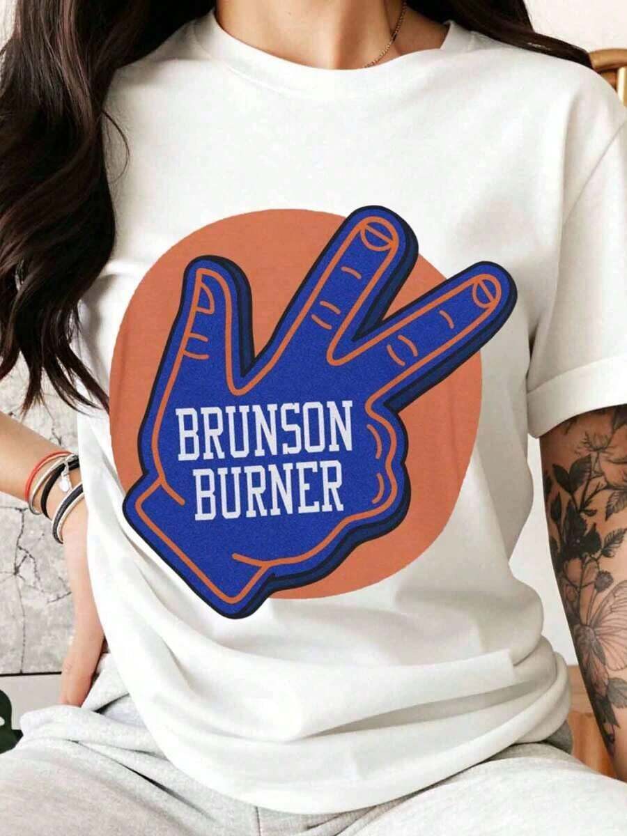 Camisetas de mujer de algodón Brunson Burner con diseño de la señal de la mano en negro, naranja y azul, ropa para fans de baloncesto, ropa deportiva, idea de regalo para el día del partido >ropa - Blanco - Ver 1