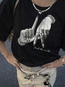 Women's Clothing Y2K Cotton Short Sleeve T-Shirt With Hand Gesture Print, Round Neck, Regular Fit, Women's Shirts - 黑色 - 查看 1