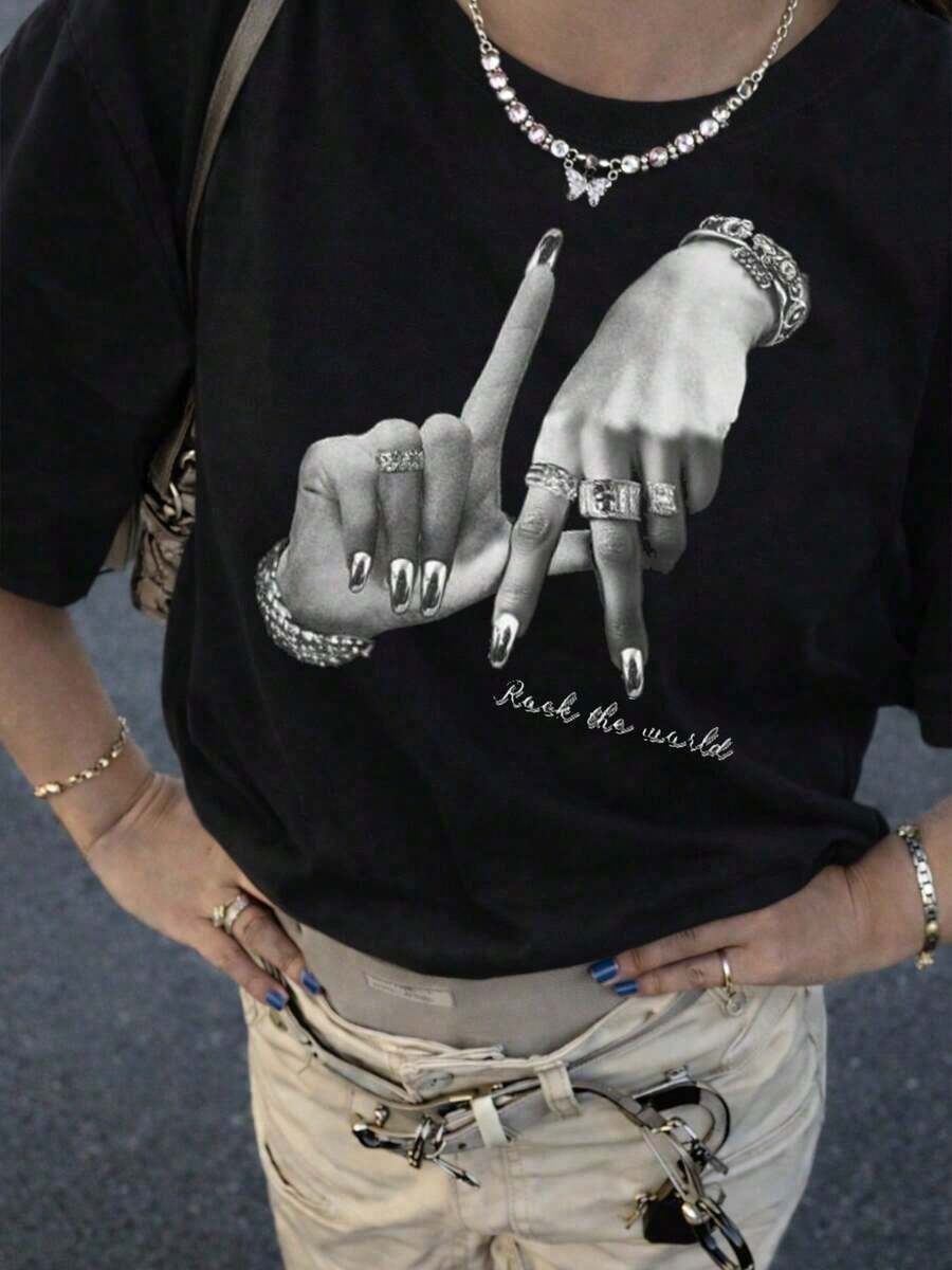 Women's Clothing Y2K Cotton Short Sleeve T-Shirt With Hand Gesture Print, Round Neck, Regular Fit, Women's Shirts - 黑色 - 查看 1