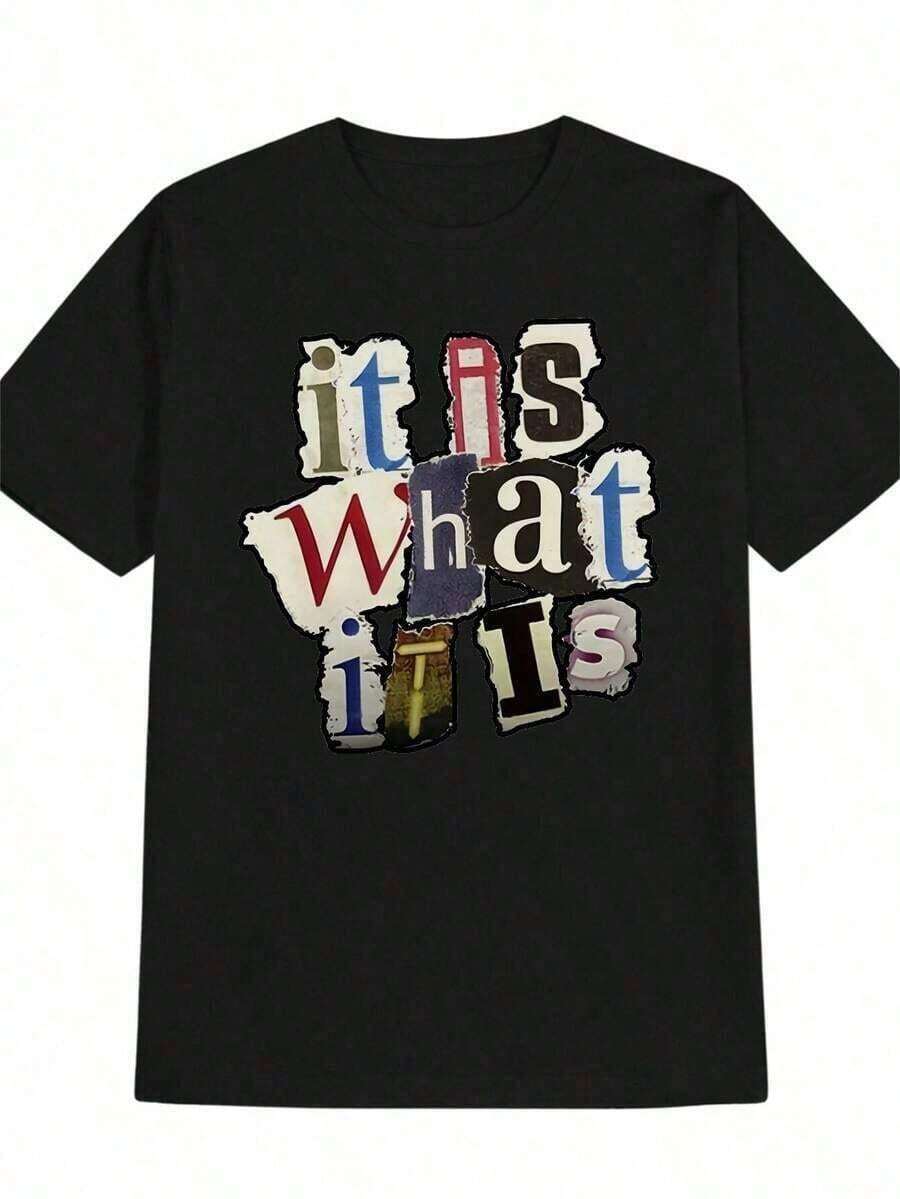 Men's Casual Crew Neck T-Shirt With "It Is What It Is" Print, Striking Design, Short Sleeves, Lightweight And Stretchy Cotton, Perfect For Summer And Everyday Wear, Comfortable Fit, Plus Sizes - 黑色 - 查看 1