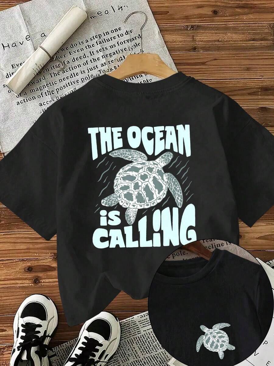 Women's Plus Size Casual T-Shirt With Turtle Print "The Ocean Is Calling", Breathable And Comfortable, Short Sleeve, Round Neck, Beach Print On Front And Back, Soft Cotton, Perfect For Everyday Wear And Urban Style On Vacation - 黑色 - 查看 1