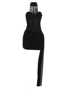 Vestido ajustado nueva llegada, cuello colgante con malla combinada, espalda descubierta y corte entallado - Negro - Ver 4