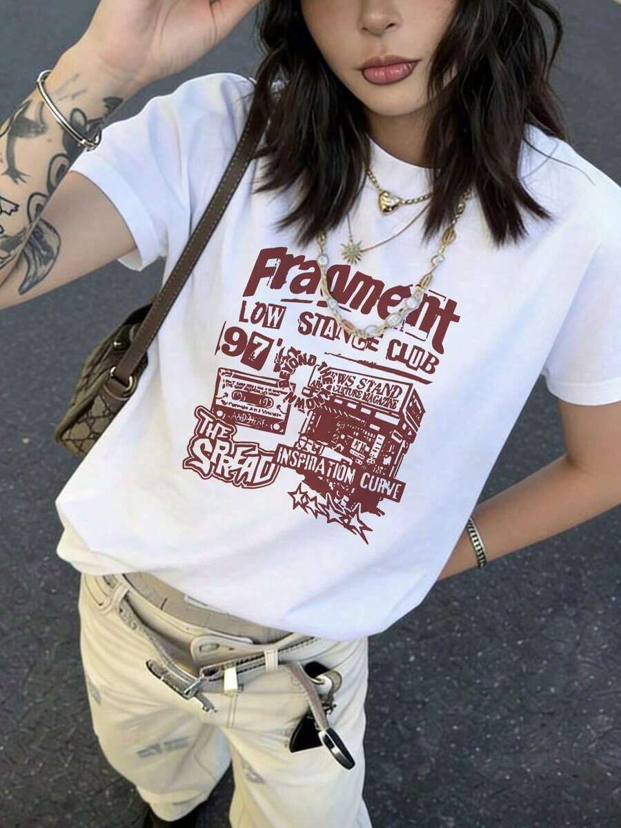 Camiseta de manga corta para mujer con estampado gráfico estilo collage callejero retro americano, corte holgado informal, de alta calidad para el verano. - Blanco 2 - Ver 1