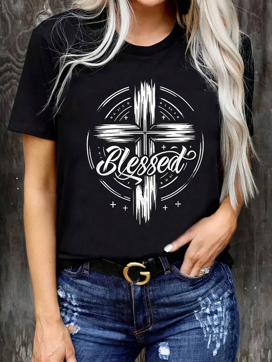 Camiseta estampada para mujer de diseño simple y versátil, cuello redondo casual, mangas cortas, elástica, lavable a máquina - elección perfecta para primavera/verano/otoño, camiseta de algodón. - Negro - Ver 1