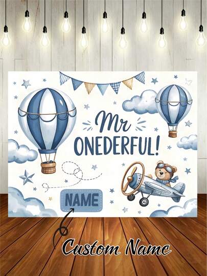 Phông nền banner chủ đề Gấu Phi Công có thể tùy chỉnh, thiết kế trang trí khinh khí cầu, cờ sao và mây xanh, phù hợp cho tiệc mừng em bé, tiệc sinh nhật và các phông nền chụp ảnh khác, chất liệu vinyl.