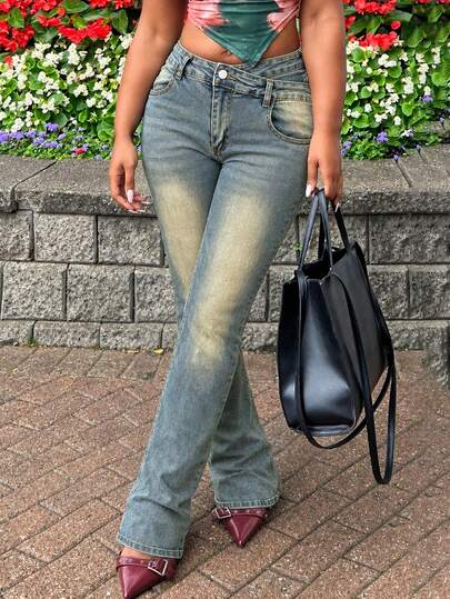 Jeans droits vintage lavés pour femmes, taille à volants, stretch moyen, pantalon décontracté style Y2K
