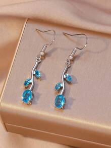1 Pair 18K Gold Plated Fashionable Leaf Tassel Earrings, Suitable For Daily Wear, Summer, Beach, Festivals, Parties, Balls, Western-Style Jewelry, Retro Style, Inlaid With Blue Gemstones, Suitable As Gift For Mom/Women/Girls/Mother, High Quality - Silver - View 6