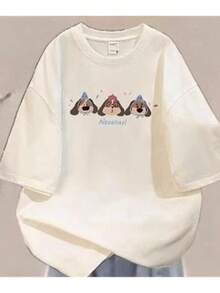 Camiseta de mujer oversize de manga corta, estilo casual, con cuello redondo, tela suave, mangas cortas cómodas y un corte holgado versátil, ideal para uso diario y para usar en capas. 100% - Albaricoque - Ver 4