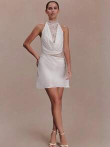 Vestido corta nueva llegada, cuello colgante con encaje, escote caído y corte ajustado - Pearl White - Ver 1