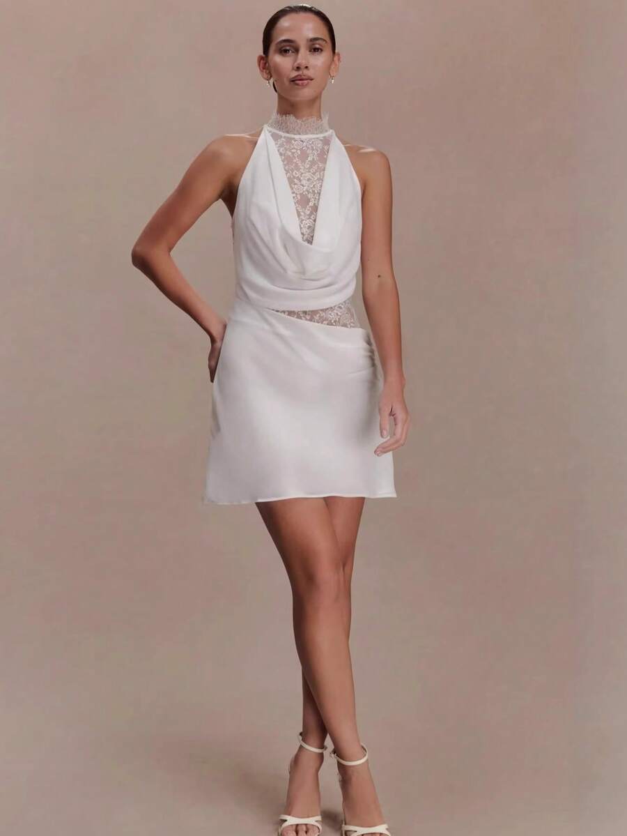 Vestido corta nueva llegada, cuello colgante con encaje, escote caído y corte ajustado - Pearl White - Ver 1