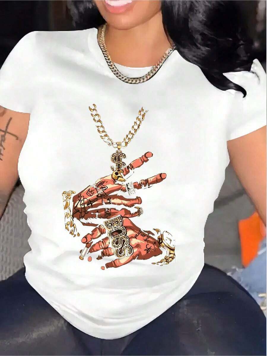 Camiseta Casual de Algodón Blanco para Mujer con Estampado Gráfico 'Power Moves Boss Chic' - Blanco - Ver 1