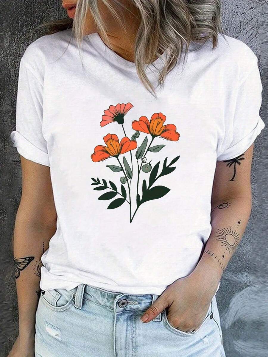 Camiseta de algodón oversize para mujer, con estampado floral, cuello redondo, estilo casual de primavera/verano, top de manga corta cómodo y suave para uso diario. - Blanco - Ver 1