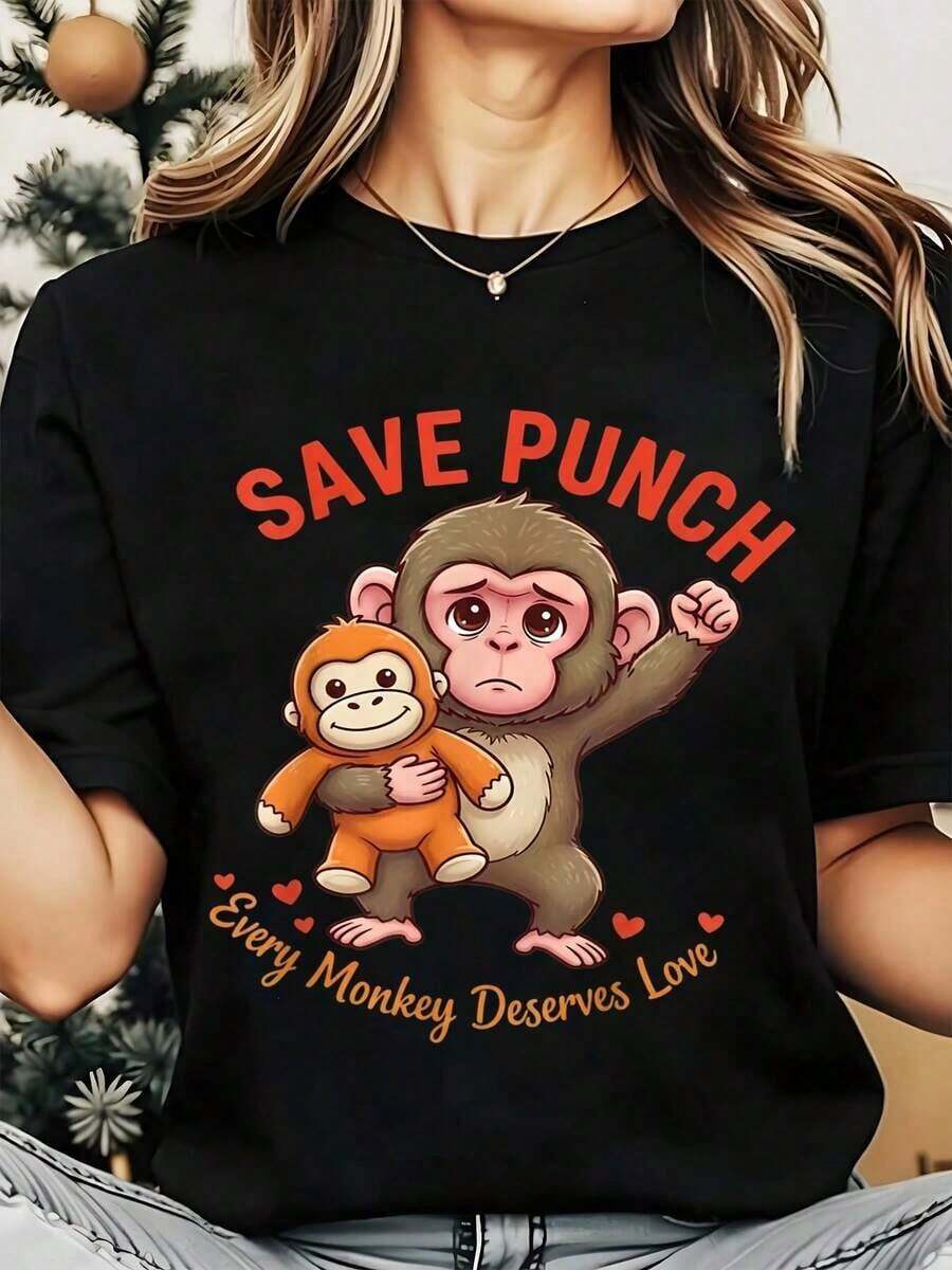 Camiseta de Cuello Redondo para Mujer con Estampado de Mono de Dibujos Animados "Save Punch Every Monkey Deserves Love", Ropa Casual de Verano para Mujer, 220g, Playera Holgada para Mujer - Negro - Ver 1