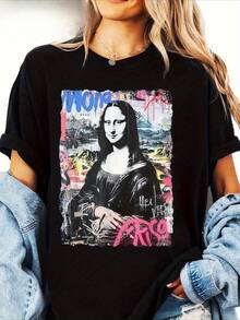Camiseta de ujer con Estampado Abstracto de Graffiti de la ona isa - Diseño vibrante de arte callejero en azul y rosa, corte holgado, manga corta, cuello redondo, top casual, lavable a máquina, cómoda para todas las estaciones, ropa de fácil cuidado, camiseta holgada, perfecta para uso diario, tela cómoda, exclusiva para entusiastas del estilo urbano. Traje de fiesta elegante,T-shirt para damas elegantes,Blusas adecuadas para mujeres con curvas,Faldas de graduación,Ropa casualEstampado de animales adorables ,Estampado de letras divertidas - Negro - Ver 1
