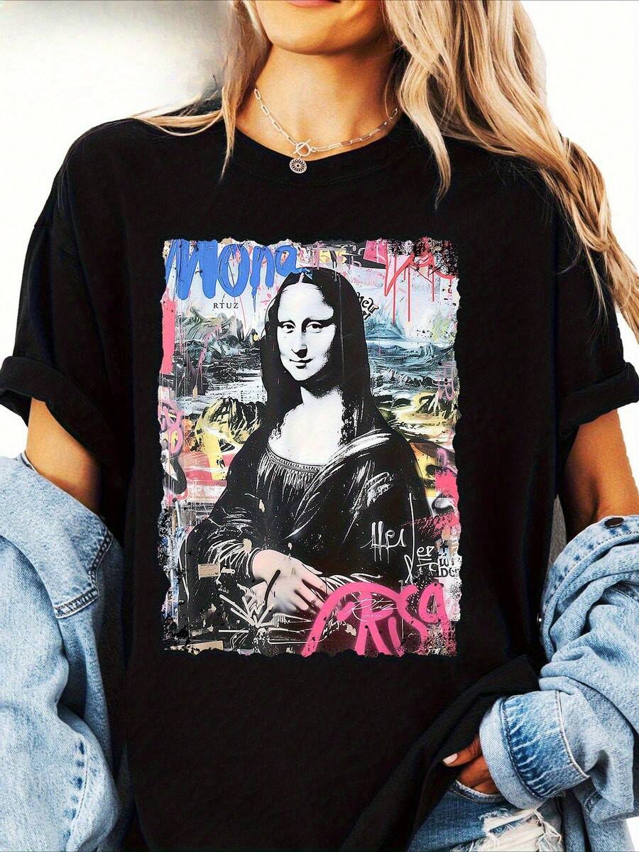 Camiseta de ujer con Estampado Abstracto de Graffiti de la ona isa - Diseño vibrante de arte callejero en azul y rosa, corte holgado, manga corta, cuello redondo, top casual, lavable a máquina, cómoda para todas las estaciones, ropa de fácil cuidado, camiseta holgada, perfecta para uso diario, tela cómoda, exclusiva para entusiastas del estilo urbano. Traje de fiesta elegante,T-shirt para damas elegantes,Blusas adecuadas para mujeres con curvas,Faldas de graduación,Ropa casualEstampado de animales adorables ,Estampado de letras divertidas - Negro - Ver 1
