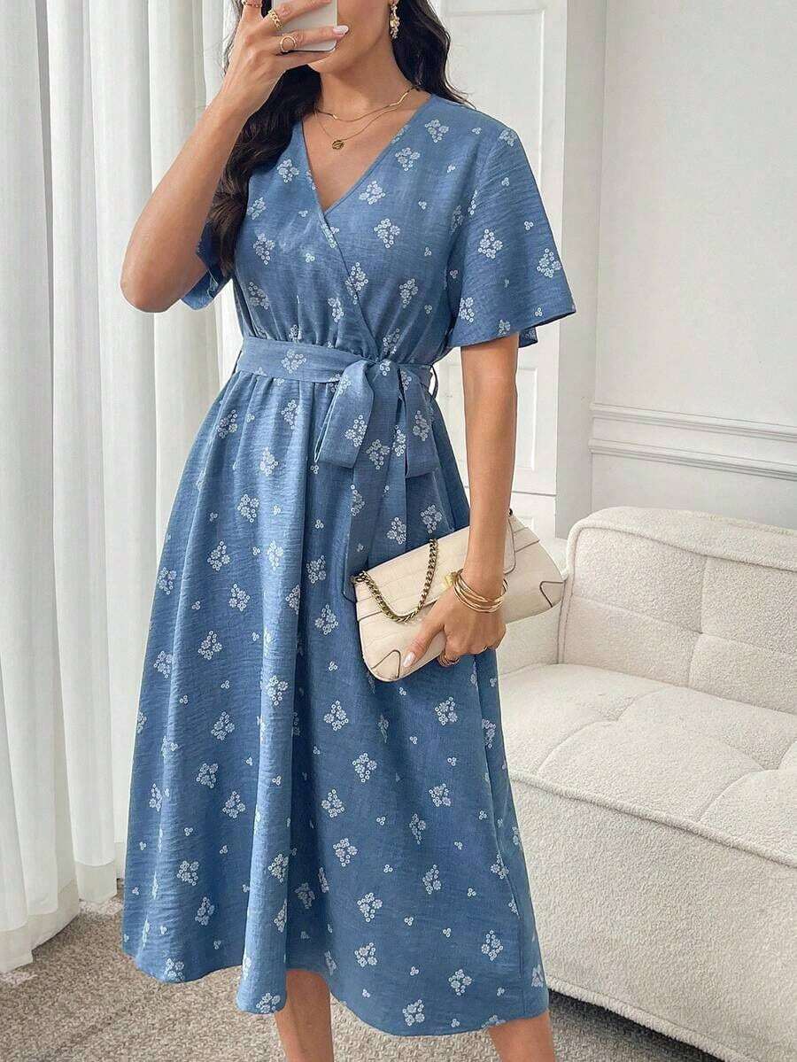Vestido casual de vacaciones con estampado de plantas y manga corta para mujer - Multicolor - Ver 1
