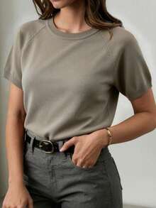 Camiseta básica de punto de manga corta casual para mujer, negro de verano - Caqui - Ver 1