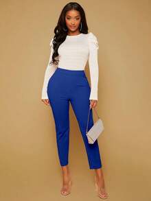 Pantalones unicolor de talle alto - azul real - Ver 4
