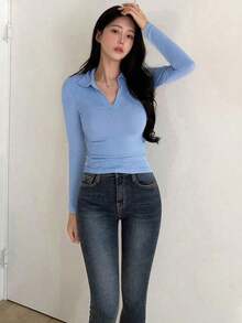 Camiseta casual de manga larga de cuello polo ajustada de unicolor para mujer, primavera y verano - Azul - Ver 2