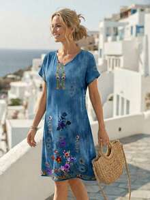 Vestido casual de verano de manga raglán con patrón geométrico vintage y cuello en V para mujer, ideal para vacaciones - Multicolor 9 - Ver 4